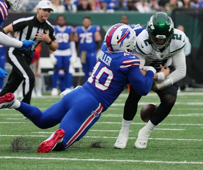 Bills edge rusher Von Miller brings down Jets QB Zach Wilson in a 2022 game